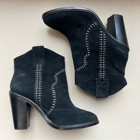 Joie Monte Black Suede Ankle Boot Silver Studs Size EU 37.5 US 7 Western Cowgirl - Picture 1 of 16